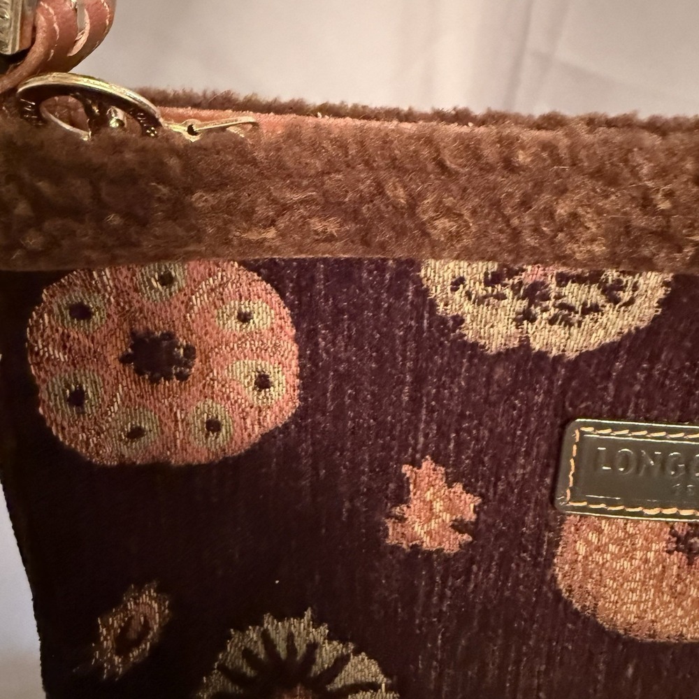Longchamp Small Brown Velvet Shearling Floral Shoulder Bag Purse Handbag - Picture 5 of 12